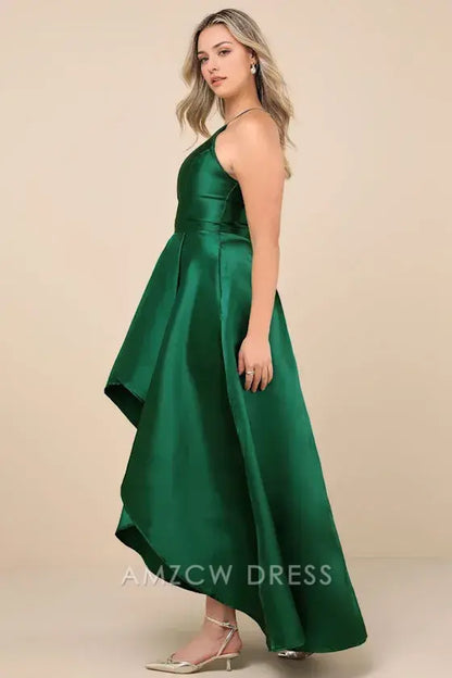 Vestidos formales elegantes de Amzcw para espectáculo de Broadway en verde esmeralda con corte alto y bajo 