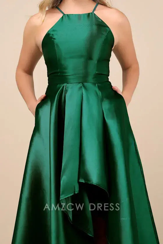 Vestidos formales elegantes de Amzcw para espectáculo de Broadway en verde esmeralda con corte alto y bajo 