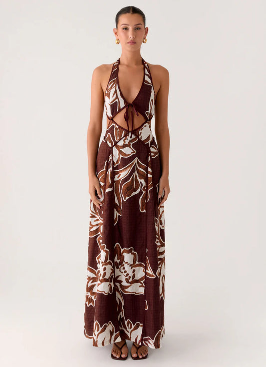 Brown Tropical Floral Halter Neck Cutout Backless Linen Maxi Prom Dress