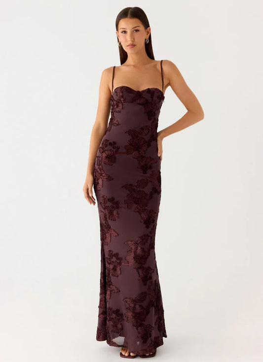 Burgundy 3D Floral Applique Spaghetti Strap Sweetheart Neck Mermaid Maxi Prom Dress