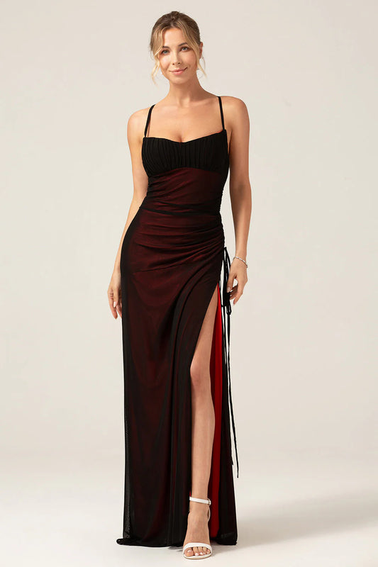 Burgundy Black Ombre Spaghetti Strap Ruched Lace-Up Back Maxi Prom Dress with Slit