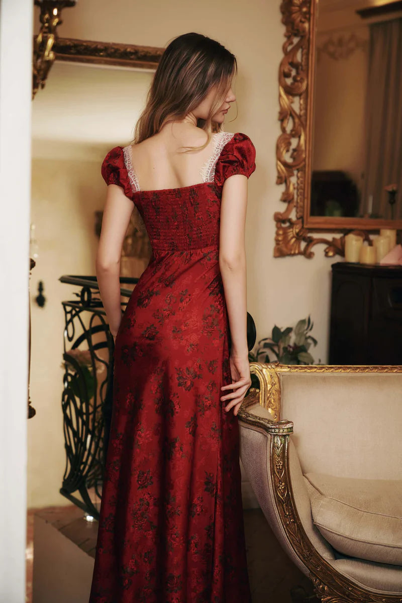 Burgundy Floral Jacquard Satin Maxi Dresses with Square Neck Off Shoulder Two Way Wear Lace Trim Puff Sleeves Velvet Bow and Smocked Back