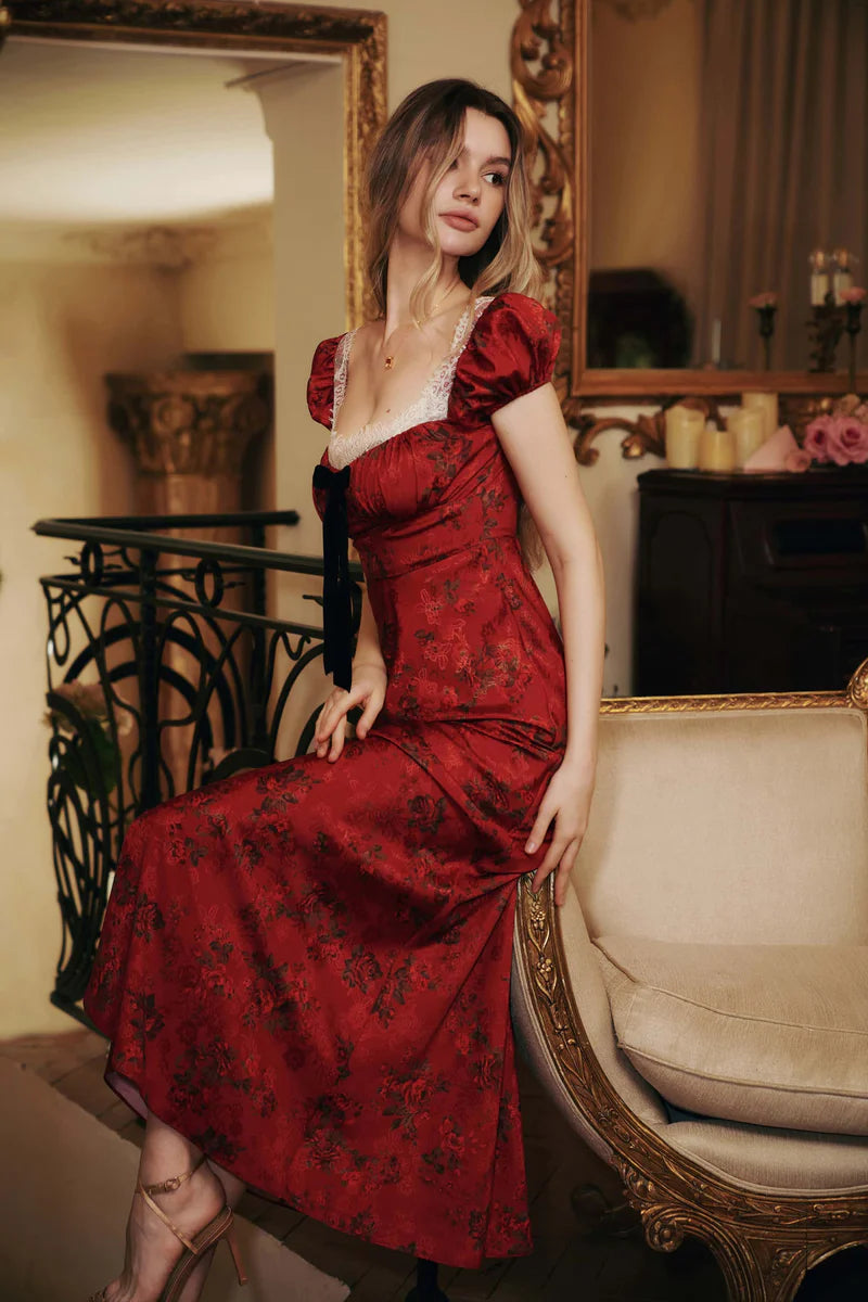 Burgundy Floral Jacquard Satin Maxi Dresses with Square Neck Off Shoulder Two Way Wear Lace Trim Puff Sleeves Velvet Bow and Smocked Back