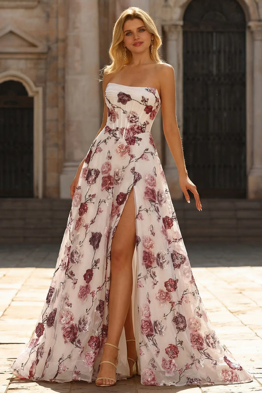 Burgundy Floral Print Strapless Corset A-Line Prom Dress with High Slit and Train