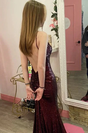 Vestido de fiesta largo Amzcw con escote en V, sin mangas, sirena burdeos, lentejuelas y abertura