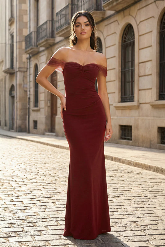Burgundy Off Shoulder Sheer Sleeve Lace Up Back Mesh Prom Dresses