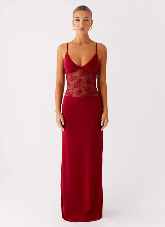 Burgundy Red Lace Insert Prom Dress Open Back Maxi Gown with Spaghetti Straps