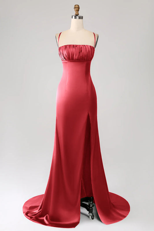 Burgundy Red Satin Spaghetti Strap Square Neck Mermaid Prom Dress with High Slit
