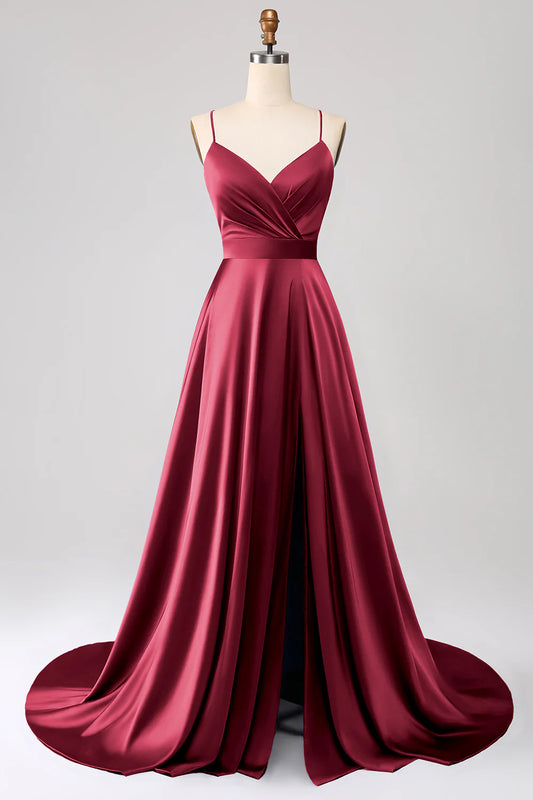 Burgundy Red Satin Spaghetti Strap V-Neck A-Line Prom Dress with High Slit and Train