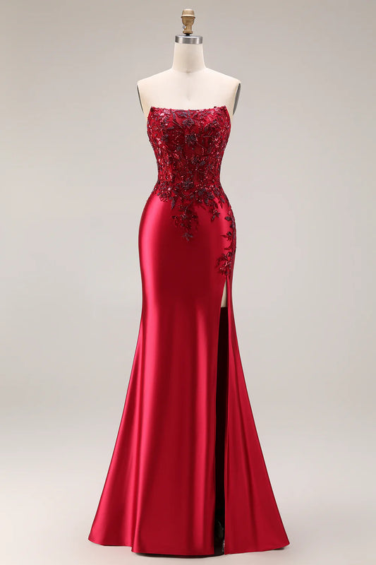 Burgundy Red Strapless Beaded Lace-Up Mermaid Prom Dress with High Slit