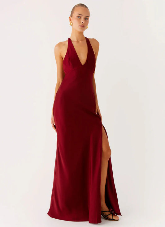 Burgundy Satin Halter Neck Prom Dress Open Back Maxi Gown with Side Slit
