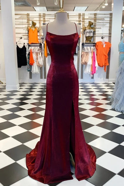 Amzcw Burgundy Satin Lace-Up Mermaid High Side Slit Dress formal wear dresses