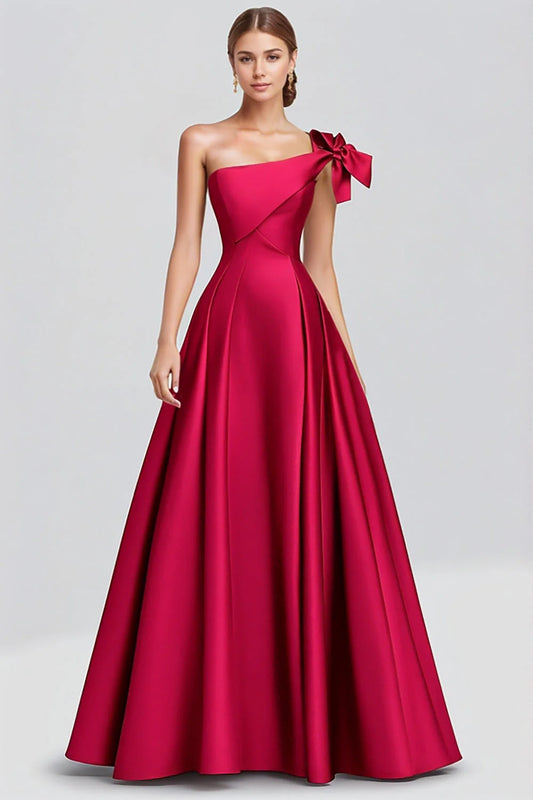 Burgundy Satin One-Shoulder Bow Detail A-Line Prom Dress For Formal Party Evening Events