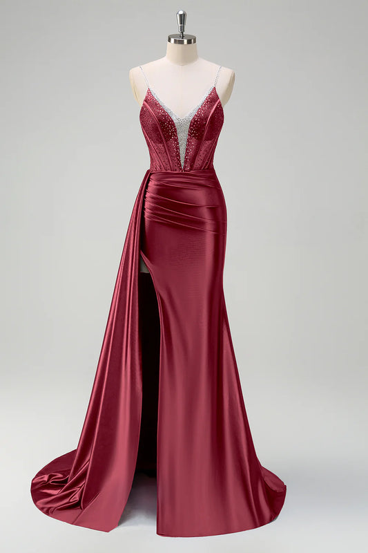Burgundy Satin Sheer Beaded Corset Spaghetti Strap Mermaid Prom Dress with Slit and Train