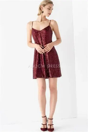 Amzcw Elegant Burgundy Sequined A-line Dress formal wear dresses