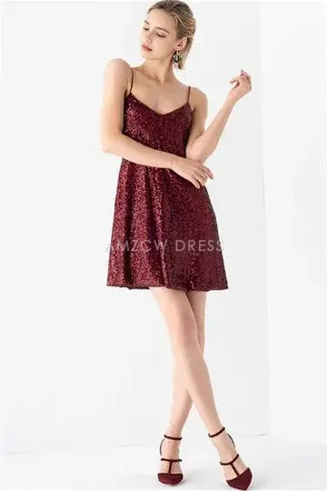 Amzcw Elegant Burgundy Sequined A-line Dress formal wear dresses