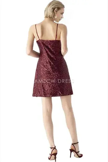 Amzcw Elegant Burgundy Sequined A-line Dress formal wear dresses