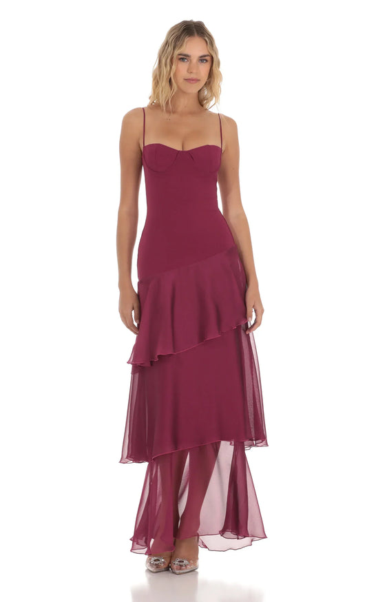 Burgundy Spaghetti Strap Sweetheart Neck Asymmetrical Tiered Chiffon Formal Evening Prom Dress