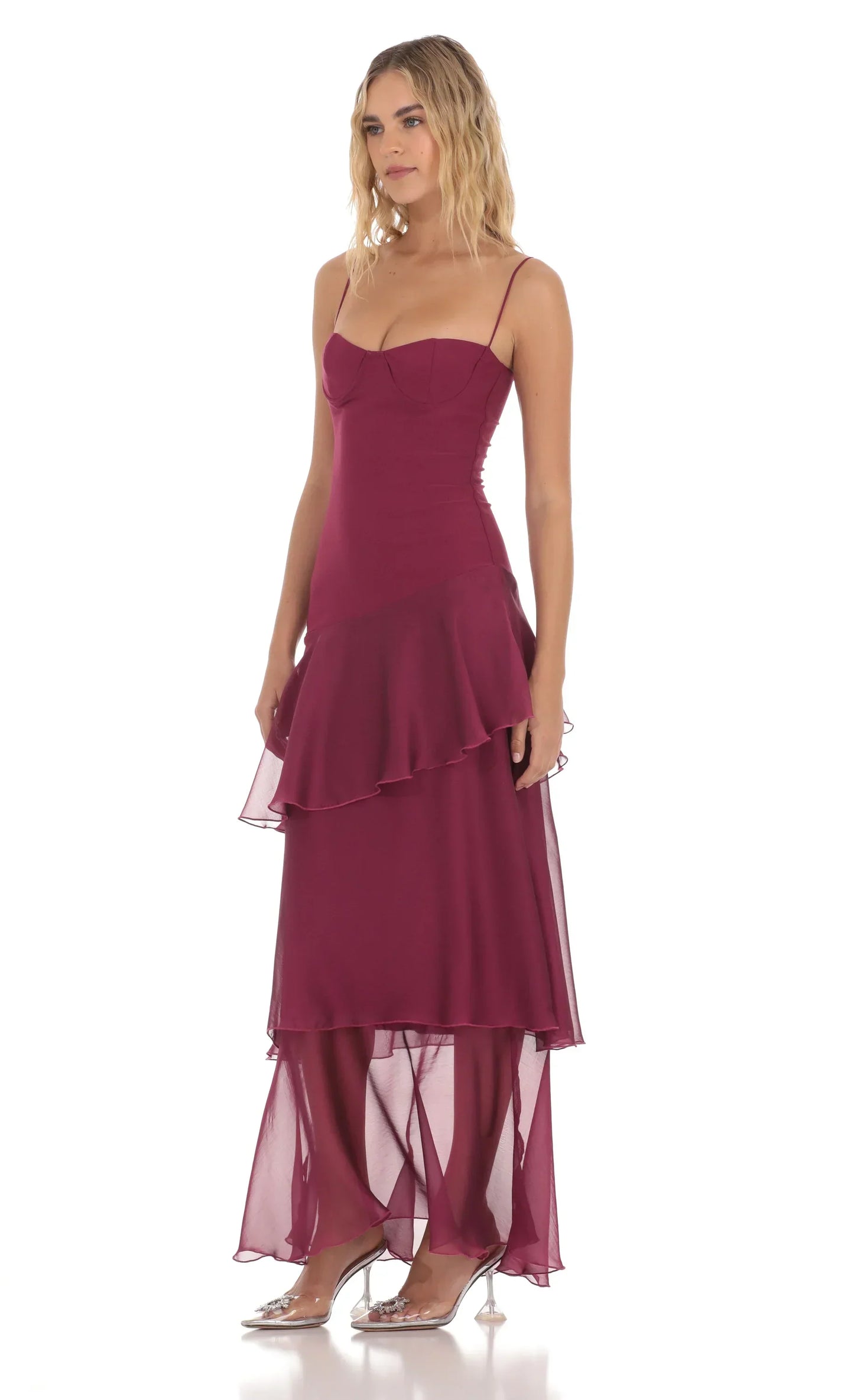 Burgundy Spaghetti Strap Sweetheart Neck Asymmetrical Tiered Chiffon Formal Evening Prom Dress
