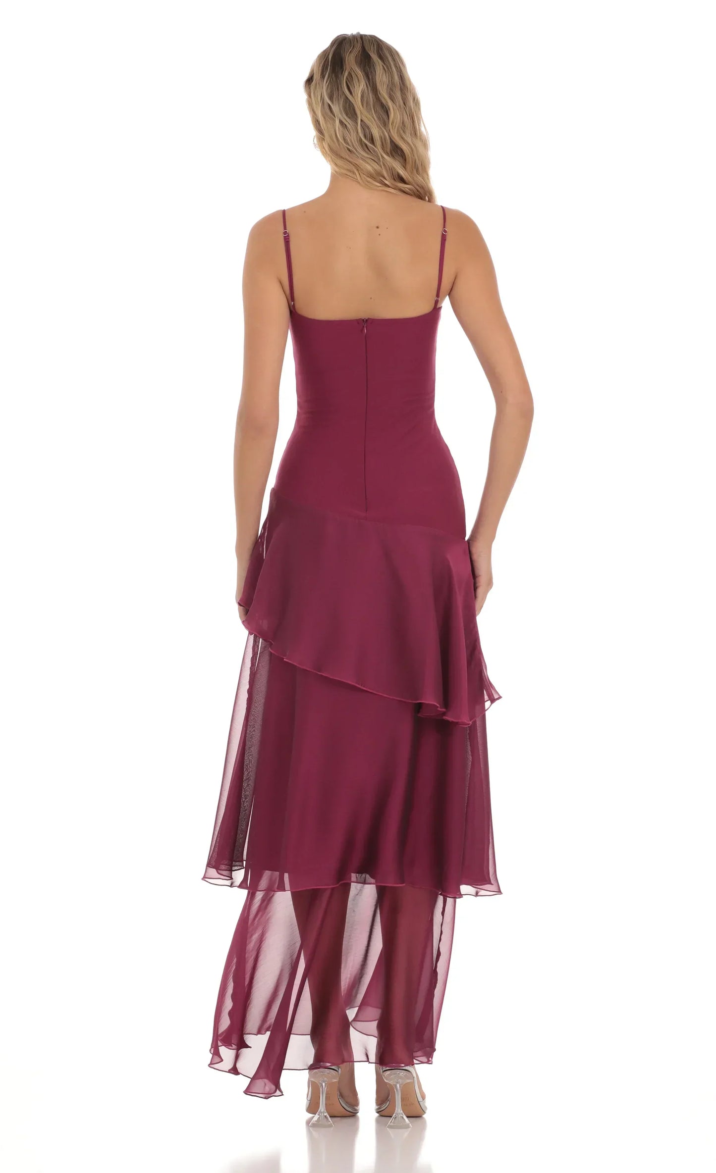 Burgundy Spaghetti Strap Sweetheart Neck Asymmetrical Tiered Chiffon Formal Evening Prom Dress