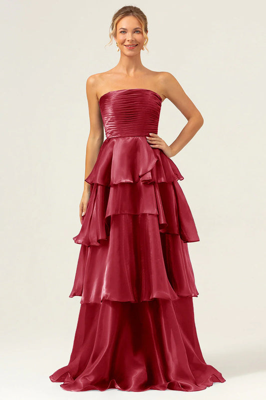 Burgundy Strapless Ruched Bodice Tiered Ruffle A-Line Maxi Prom Dress
