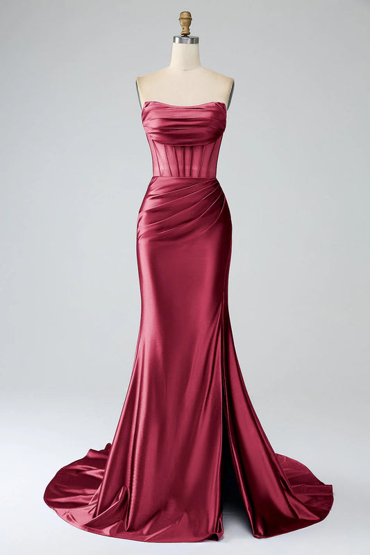 Burgundy Strapless Satin Corset Mermaid Maxi Prom Dress with Slit and Train