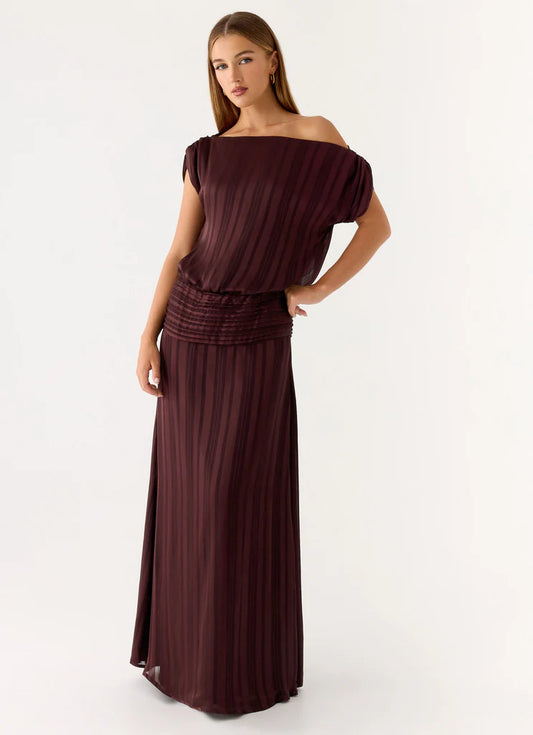 Burgundy Striped Off Shoulder Maxi Prom Dress with Ruched Waist