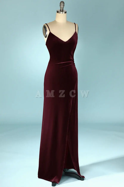 Amzcw Burgundy Velvet Evening Prom Dress Mermaid Backless Long Prom Dress gowns evening dresses prom dresses shops