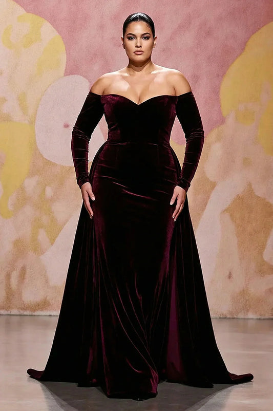 Burgundy Velvet Off-the-Shoulder Mermaid Prom Dress with Long Sleeve Detachable Train Sweetheart Neck Floor-Length Evening Gown