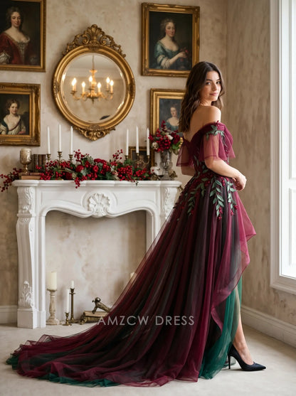 Burgundy and Green Off Shoulder Floral Embroidered Tulle A Line Formal Evening Prom Dress