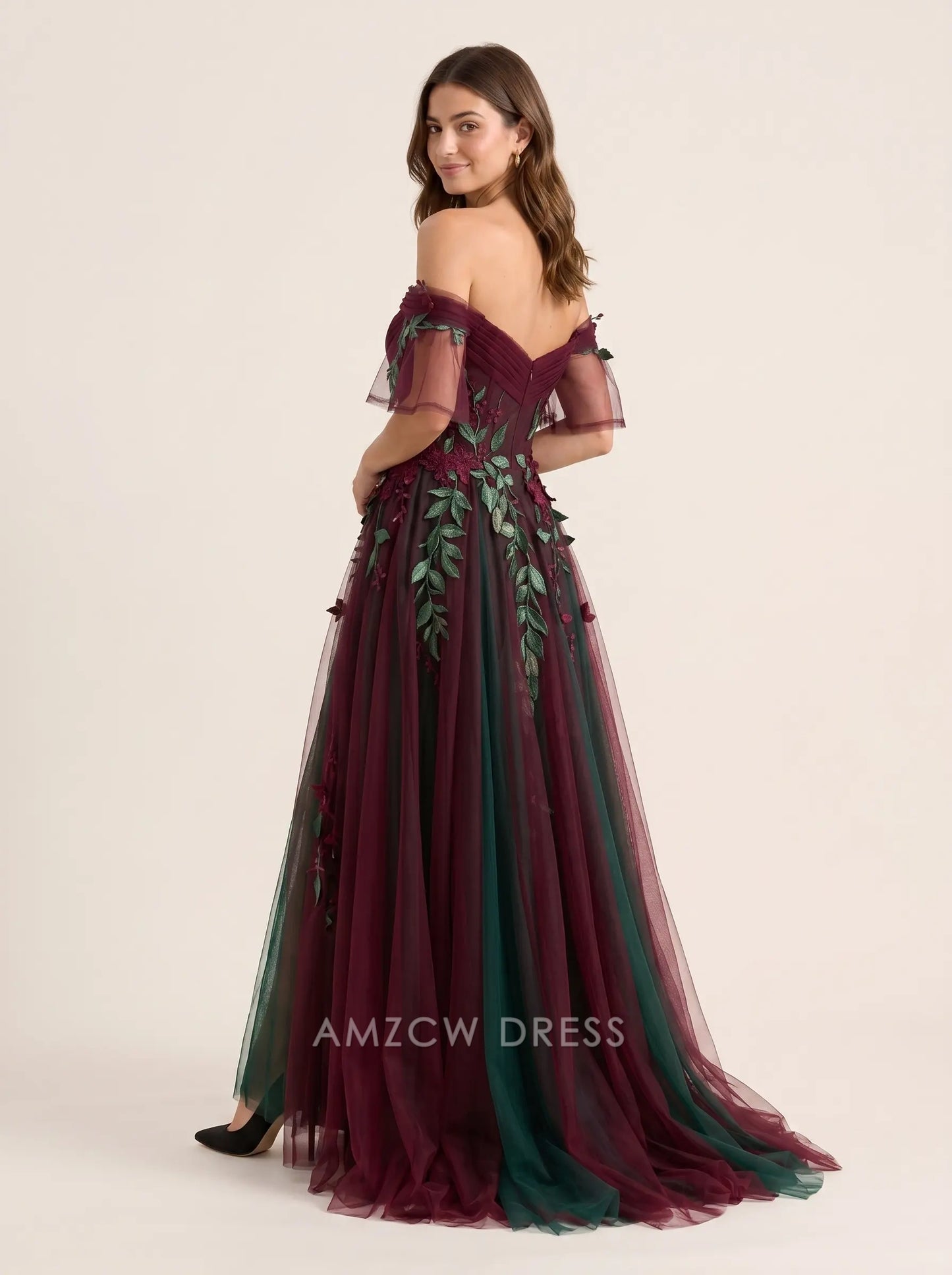 Burgundy and Green Off Shoulder Floral Embroidered Tulle A Line Formal Evening Prom Dress
