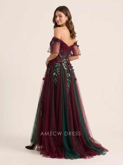 Burgundy and Green Off Shoulder Floral Embroidered Tulle A Line Formal Evening Prom Dress