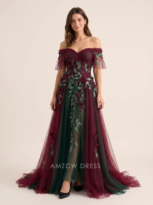 Burgundy and Green Off Shoulder Floral Embroidered Tulle A Line Formal Evening Prom Dress