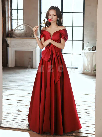 Vestido de fiesta largo de satén con hombros descubiertos color burdeos de Amzcw, vestido de noche color burdeos, tiendas de vestidos de fiesta 