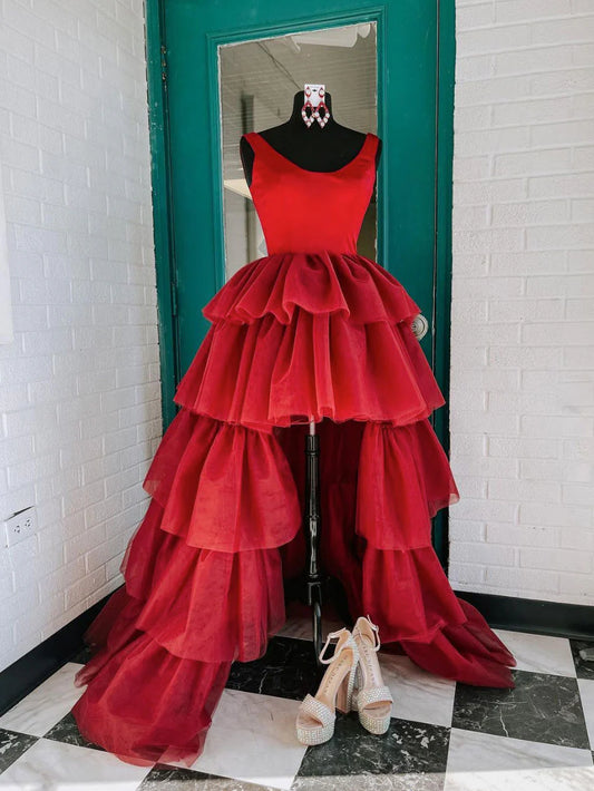 Amzcw Burgundy round neck tulle high low prom dress red homecoming dress formal wear dresses