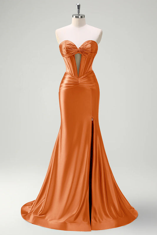 Burnt Orange Satin Strapless Beaded Bust Lace-Up Back Mermaid Prom Dress with Slit