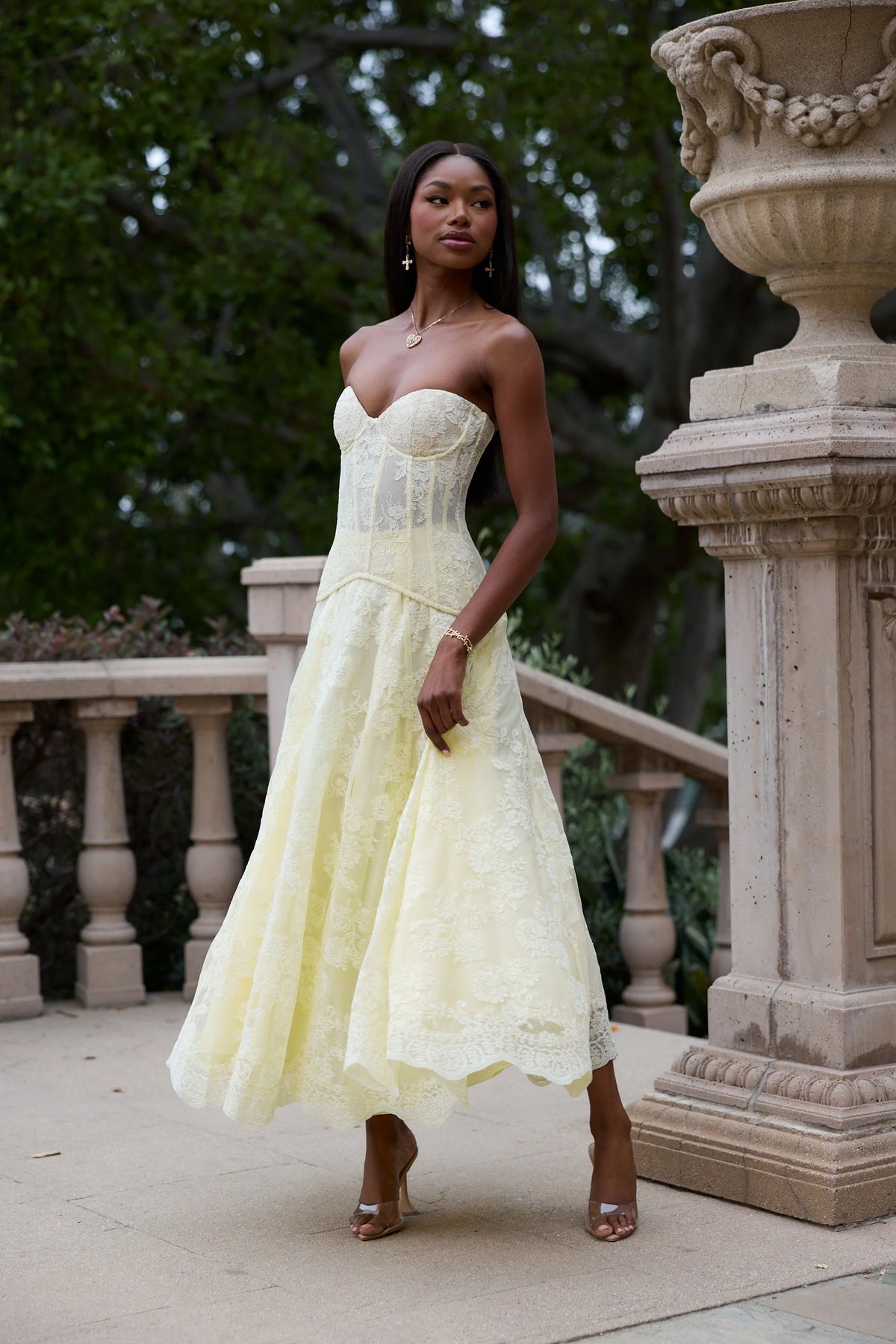 Butter Yellow Floral Lace Strapless Corset Lace-Up Back Midi Evening Dress