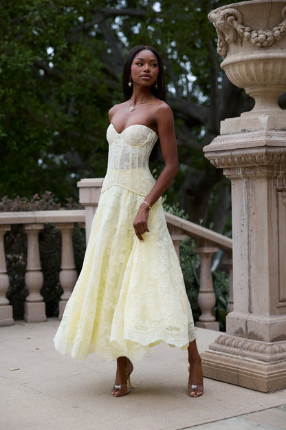 Butter Yellow Floral Lace Strapless Corset Lace-Up Back Midi Evening Dress