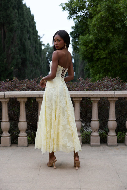 Butter Yellow Floral Lace Strapless Corset Lace-Up Back Midi Evening Dress