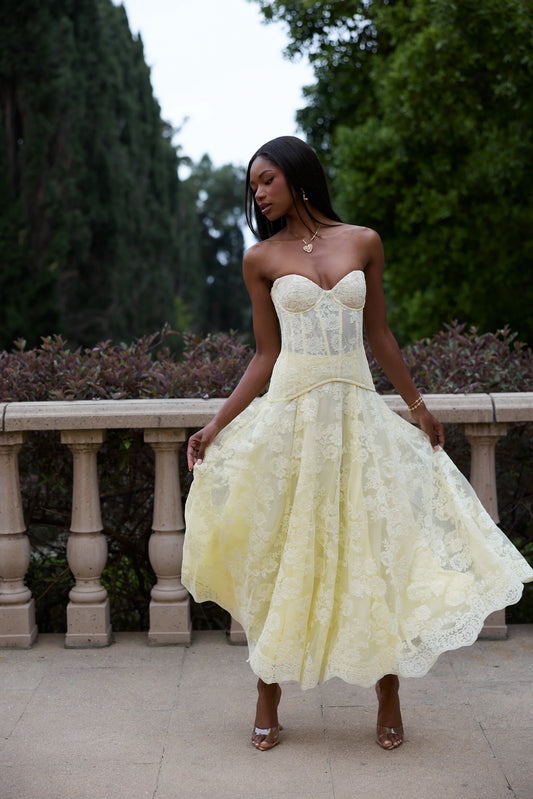 Butter Yellow Floral Lace Strapless Corset Lace-Up Back Midi Evening Dress