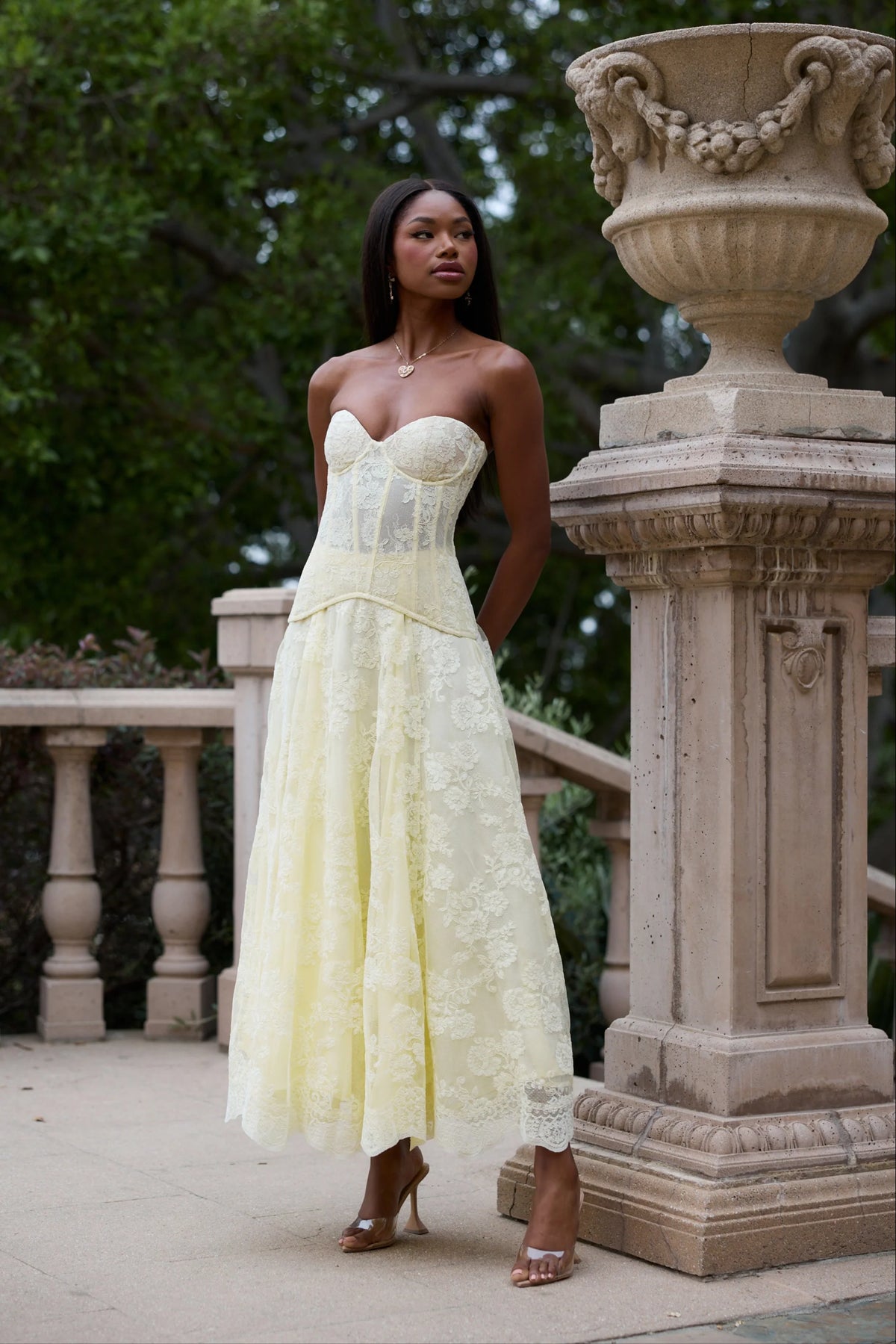 Butter Yellow Floral Lace Strapless Corset Lace-Up Back Midi Evening Dress