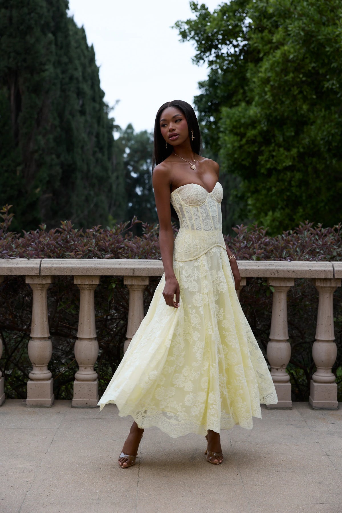 Butter Yellow Floral Lace Strapless Corset Lace-Up Back Midi Evening Dress