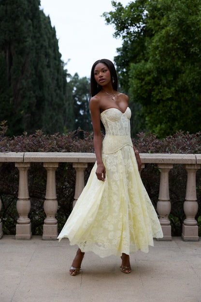 Butter Yellow Floral Lace Strapless Corset Lace-Up Back Midi Evening Dress
