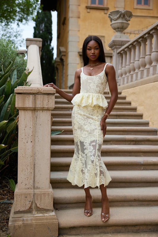 Butter Yellow Lace Ruffled Peplum Mermaid Midi Evening Dress with Lace-Up Back