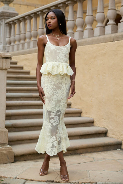 Butter Yellow Lace Ruffled Peplum Mermaid Midi Evening Dress with Lace-Up Back