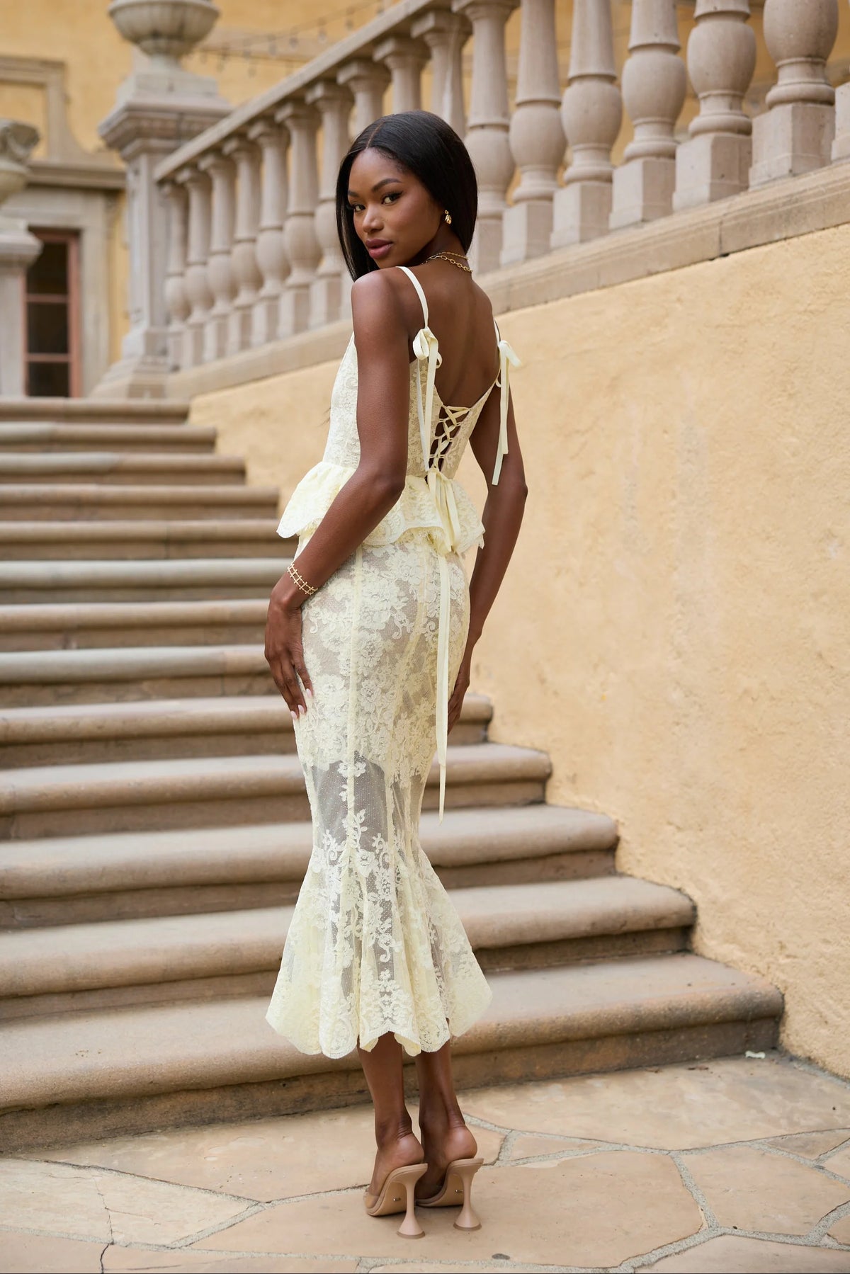 Butter Yellow Lace Ruffled Peplum Mermaid Midi Evening Dress with Lace-Up Back