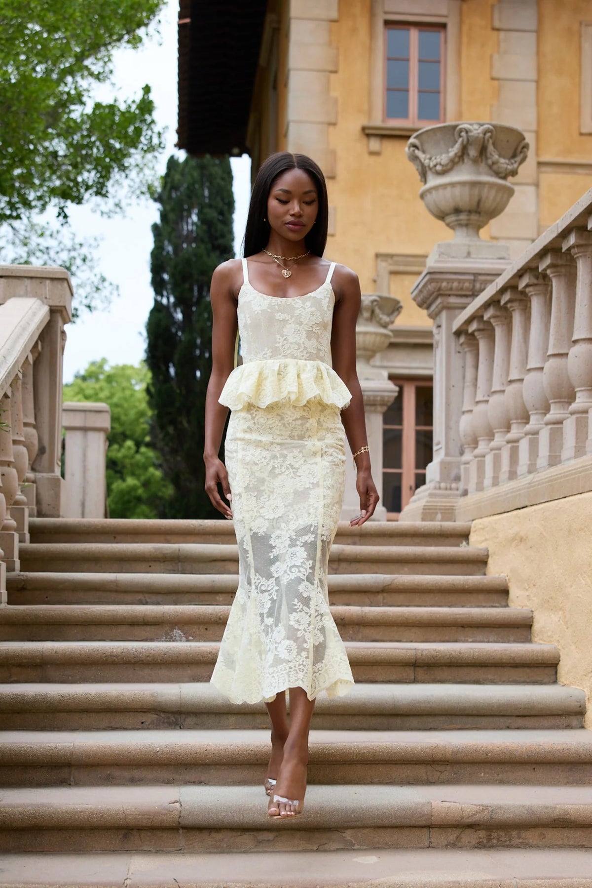 Butter Yellow Lace Ruffled Peplum Mermaid Midi Evening Dress with Lace-Up Back