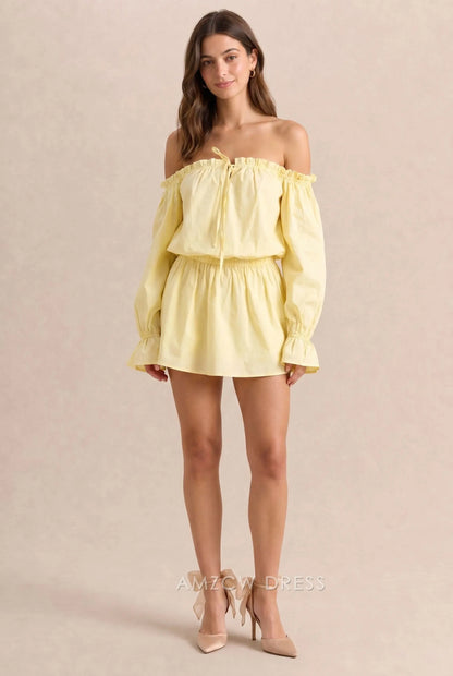 Butter Yellow Off Shoulder Ruffle Long Sleeve Front Tie Elastic Waist Mini Homecoming Dress