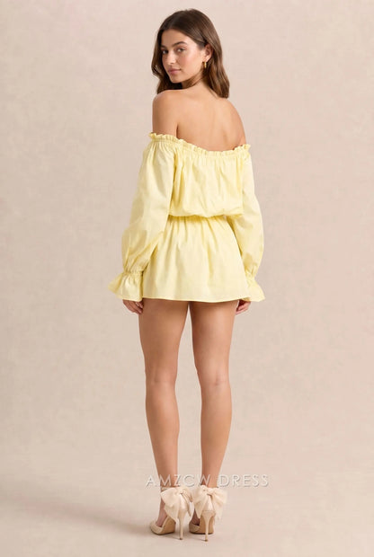 Butter Yellow Off Shoulder Ruffle Long Sleeve Front Tie Elastic Waist Mini Homecoming Dress