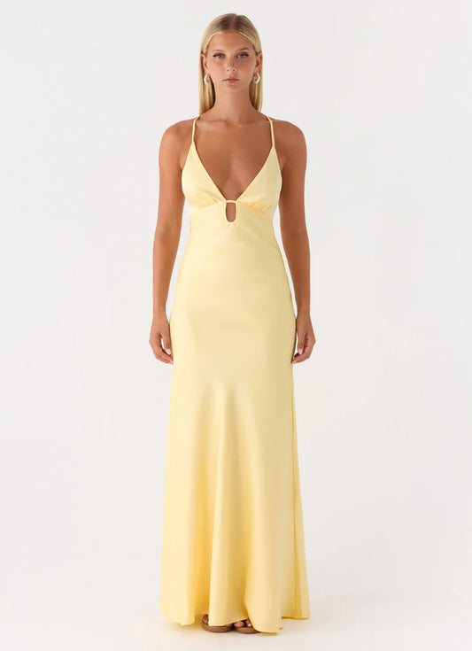 Butter Yellow Satin Halter Neck Maxi Prom Dress with Cross Back and Keyhole Cutout